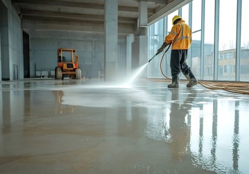 Construction worker cleaning concrete floor with pressure washer Construction worker wearing safety equipment using pressure washer cleaning concrete floor in modern building under construction, preparing for final finishes